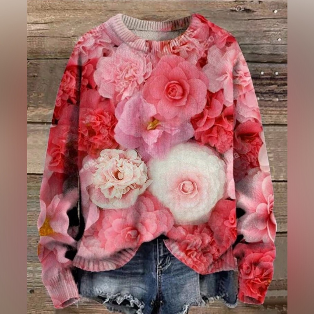 Rose sweater floral pink t shirt sweatshirt flowers knit graphic print crew top